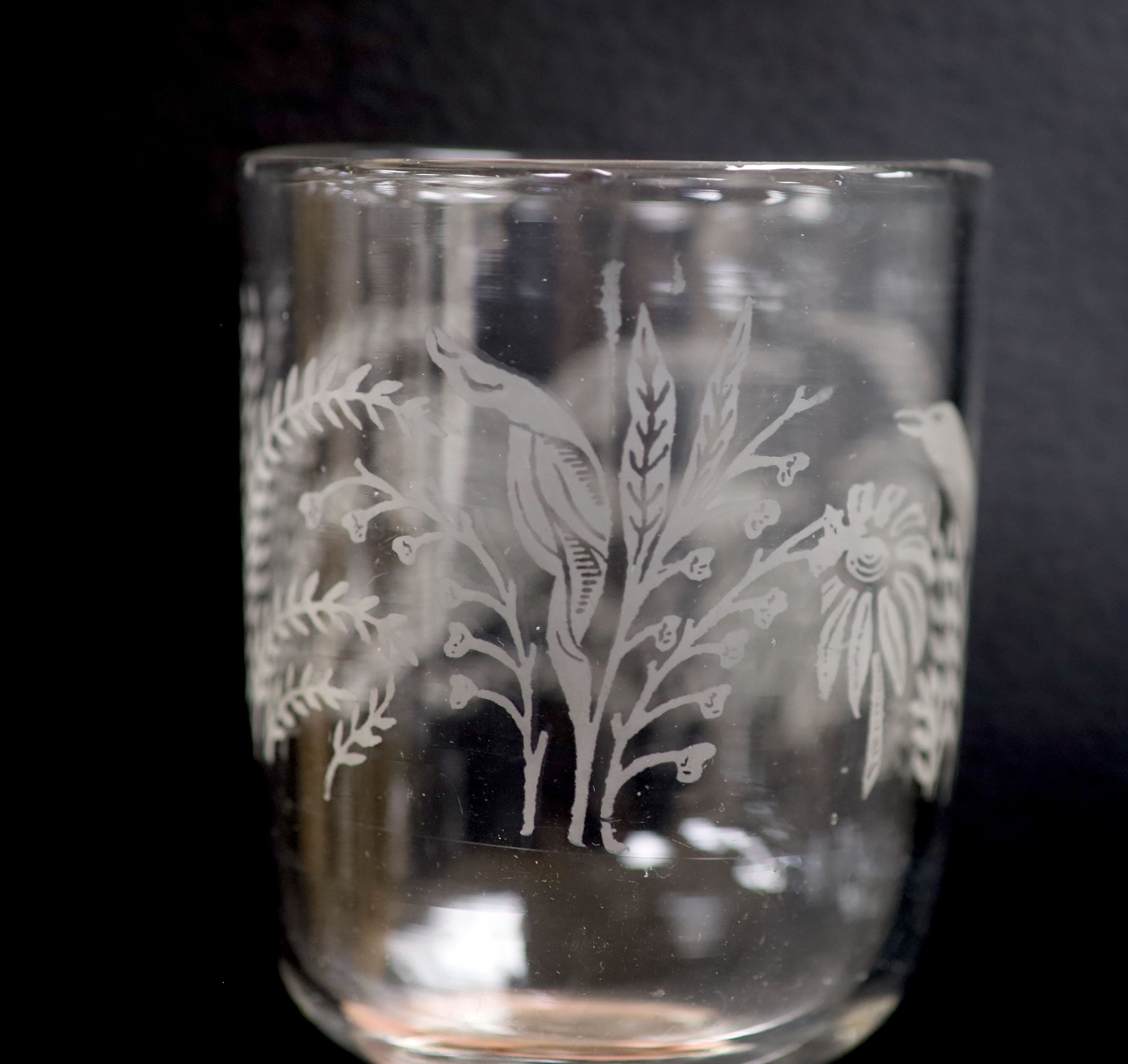 A set of ten etched glass goblets, height 14cm